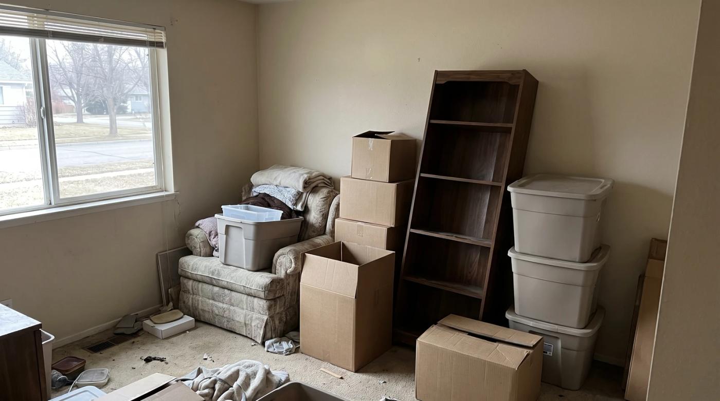 Cluttered living room packed with boxes and furniture during a hoarding cleanup in Garden City, Idaho