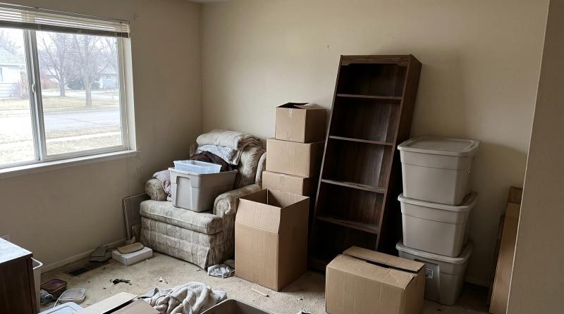 Cluttered living room packed with boxes and furniture during a hoarding cleanup in Garden City, Idaho