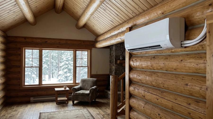 Ductless unit on a log wall in a McCall cabin