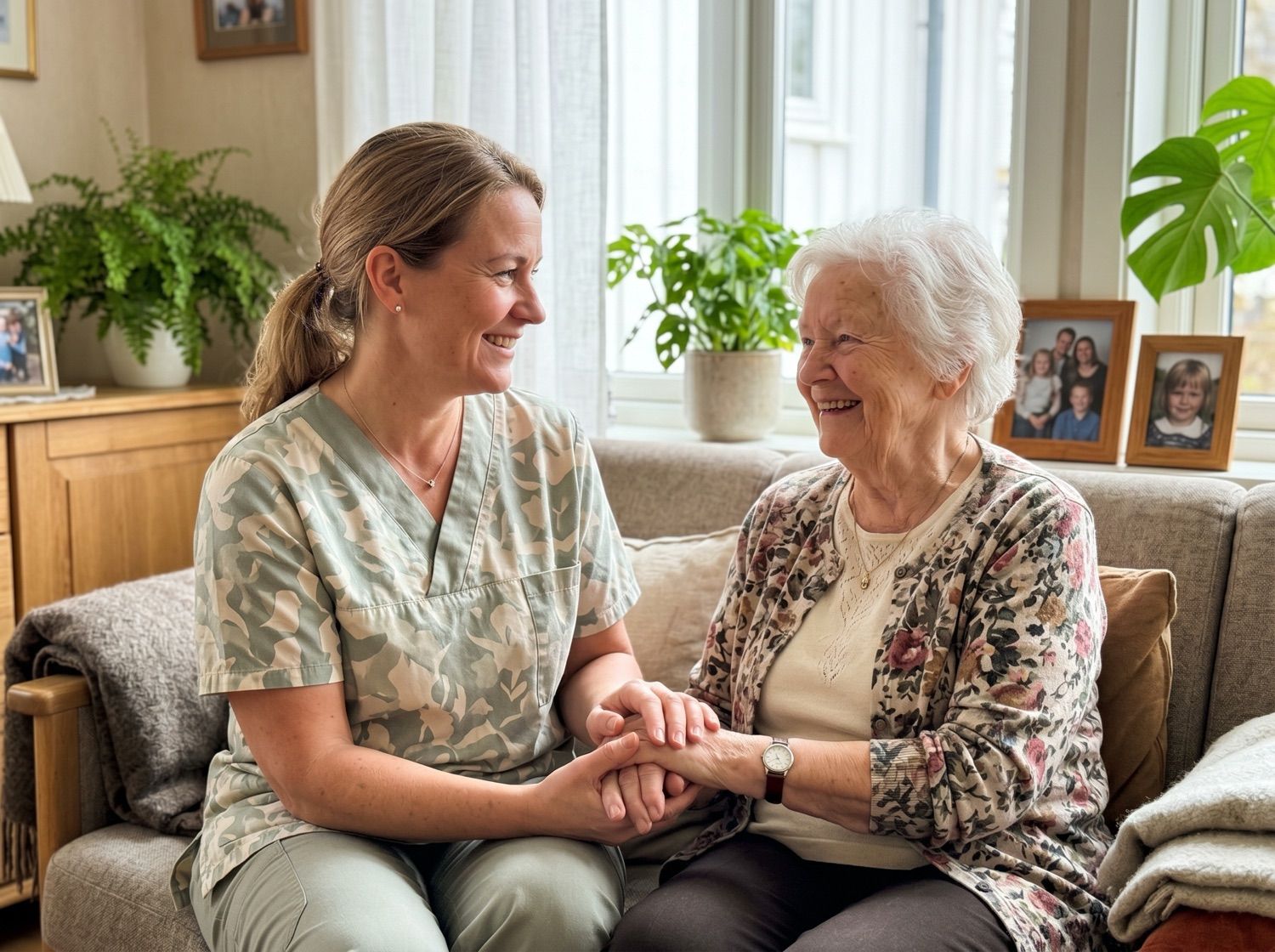 Zorgverlener houdt liefdevol de hand vast van een oudere cliënt thuis
