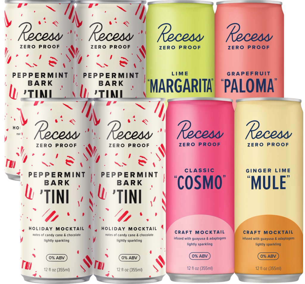 box includes: peppermint bark ’tini, classic "cosmo," ginger lime "mule," lime "margarita" & grapefruit "paloma"