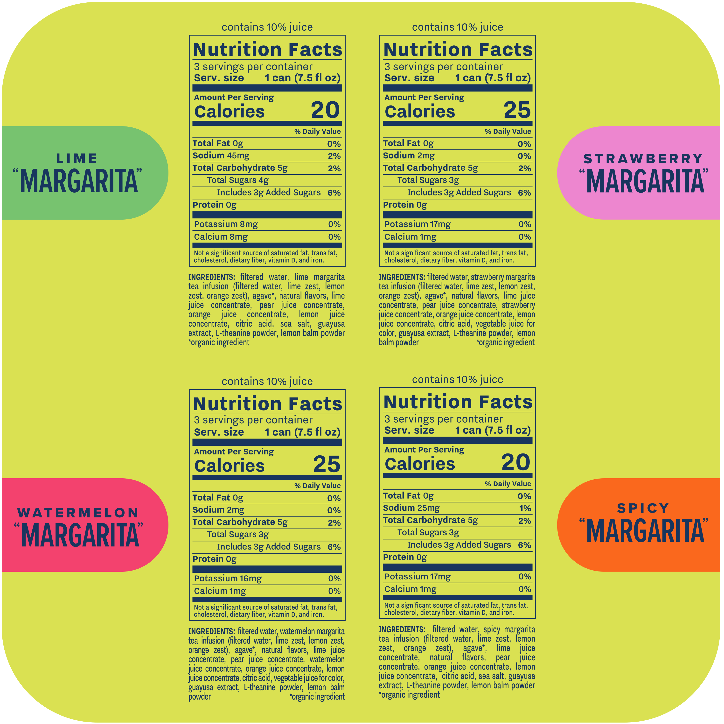 Lime margarita zero-proof mocktail (12 fl oz can) contains 10% juice. Nutrition per serving: 30 calories, 0g total fat, 70mg sodium (3% DV), 8g total carbohydrate (3% DV) with 6g total sugars (including 5g added, 10% DV), 0g protein, and 13mg calcium (2% DV). Ingredients include filtered water, margarita tea infusion (citrus zest), organic agave, lime, pear, orange, and lemon juice concentrates, guayusa, L-theanine, and lemon balm. Contains 10mg caffeine from guayusa, which is less than half in a cup of tea. Consult a physician before use if pregnant or nursing.