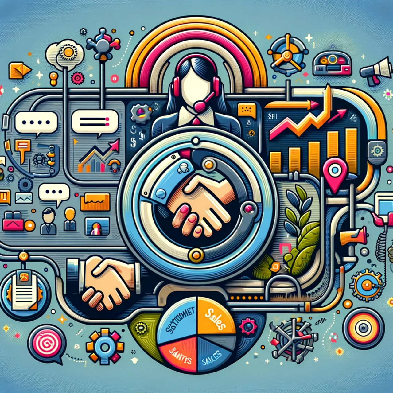 DALL·E 2023-12-11 09.38.51 - A detailed and colorful illustration showing the features of a CRM system for customer support, sales, and marketing teams. The image is divided into .png