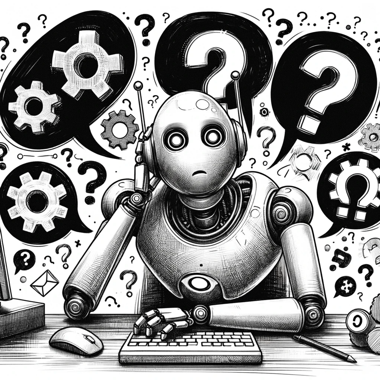 DALL·E 2023-12-11 10.14.44 - A sketch-style illustration representing the challenges of chatbots. The image shows a humanoid robot sitting at a desk, looking puzzled while staring.png