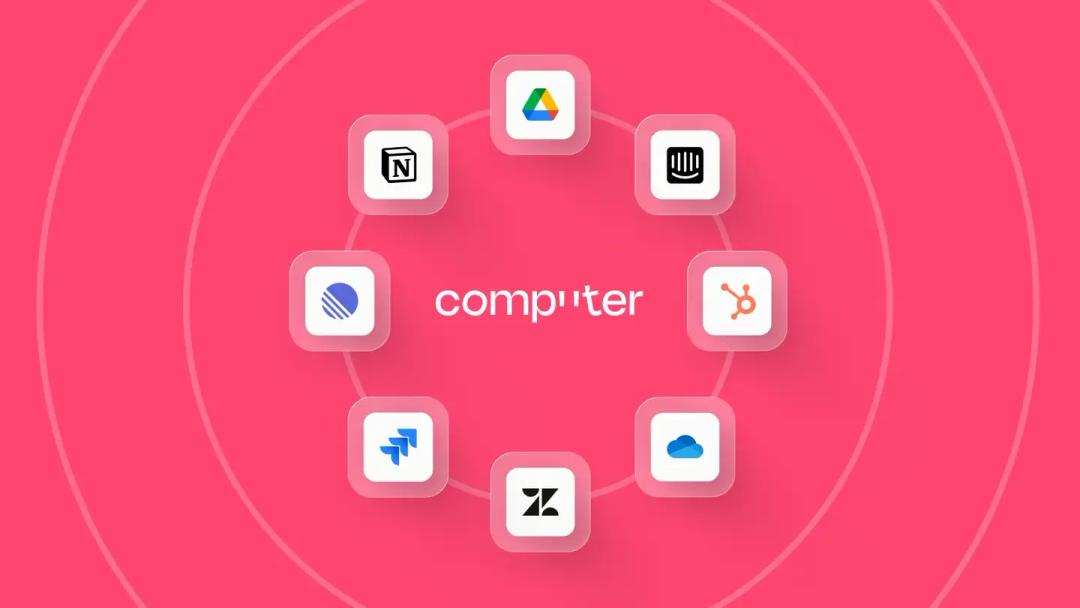 Computer by DevRev integration hub showing connected apps like Notion, Google Drive, Intercom, HubSpot, Jira, Zendesk, OneDrive and much more