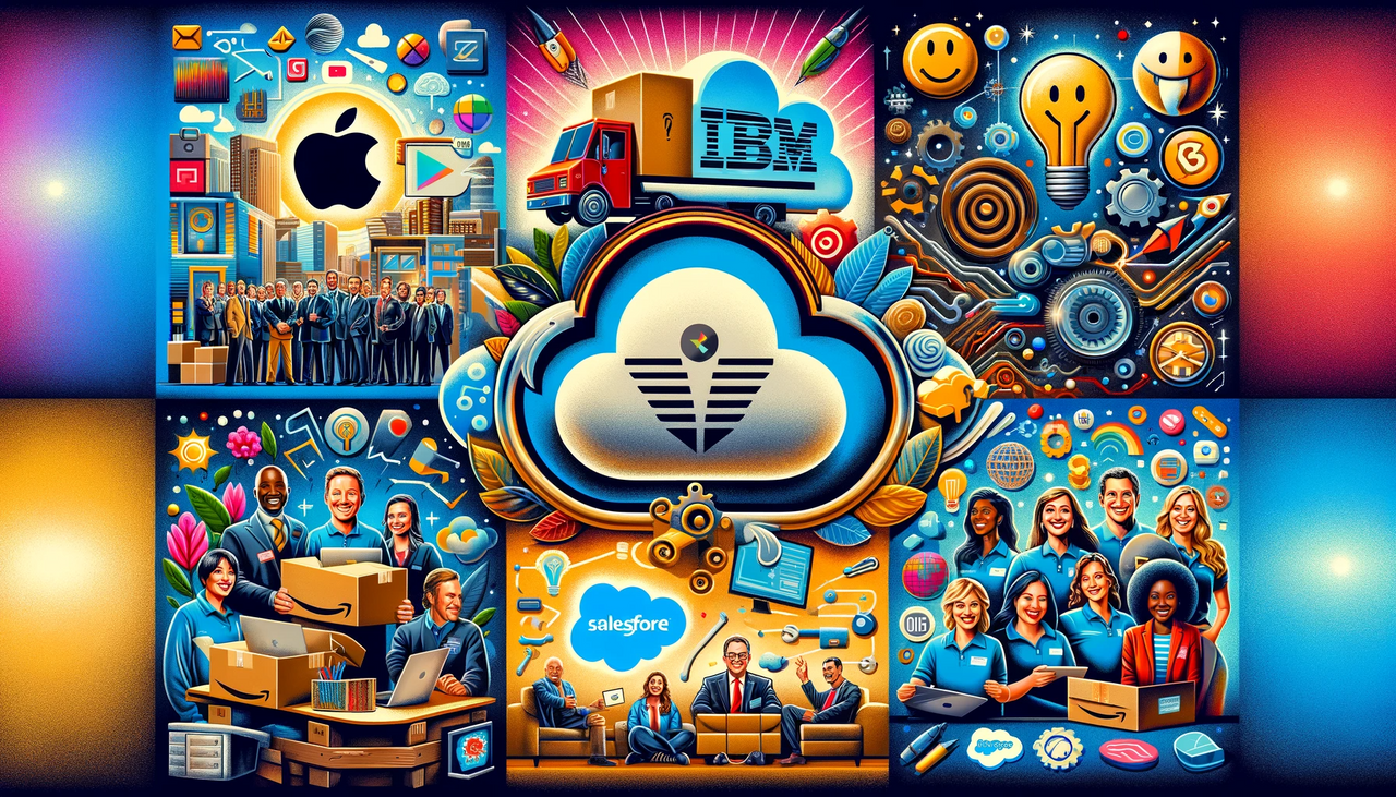 DALL·E 2023-11-27 13.48.18 - A creative collage representing the best customer service practices of major tech companies_ Apple, IBM, Microsoft, Salesforce, and Amazon. Each compa.png