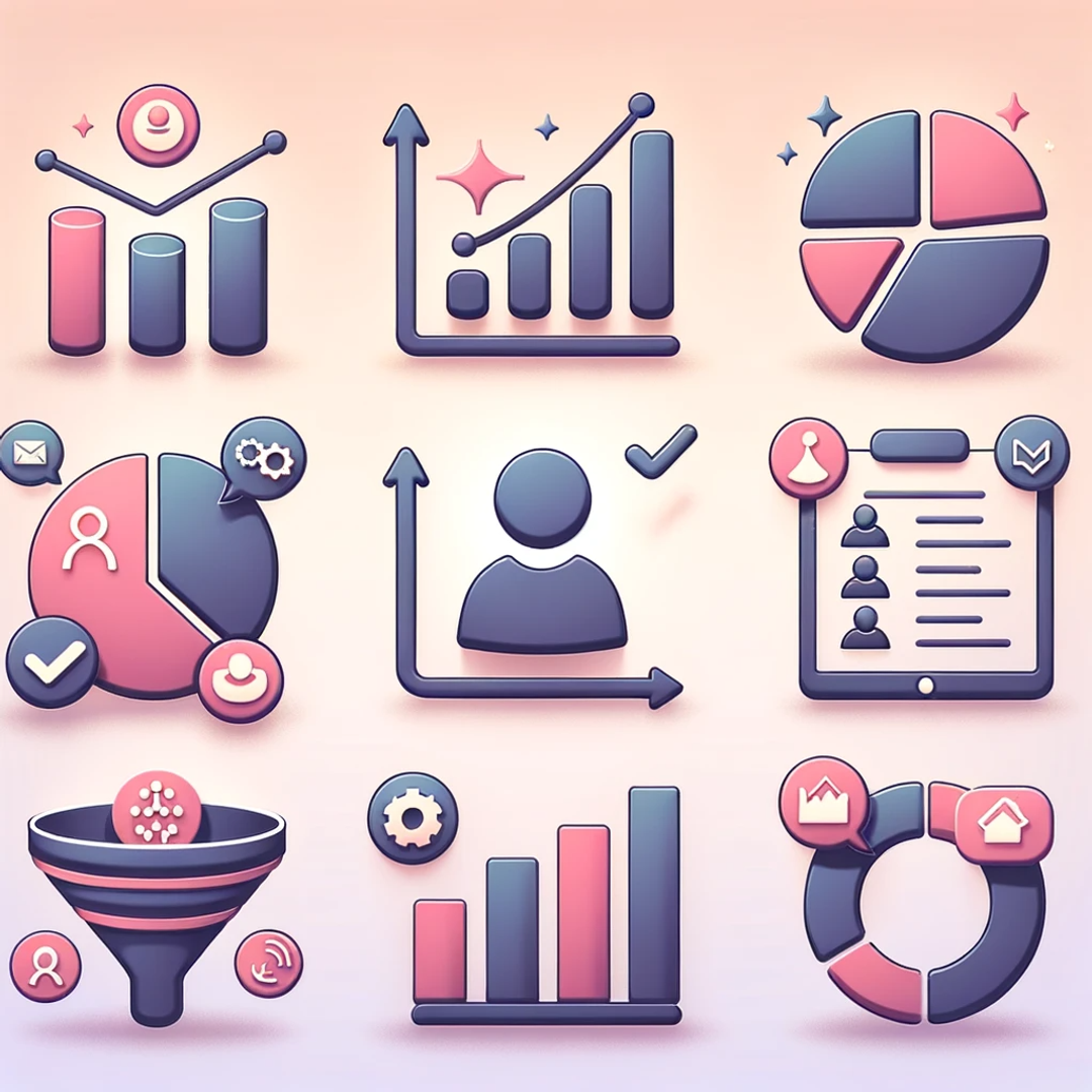 DALL·E 2023-10-30 07.52.08 - Photo of various icons representing content types of customer analytics. Icons include a bar chart, pie chart, line graph, customer profile, funnel, a.png