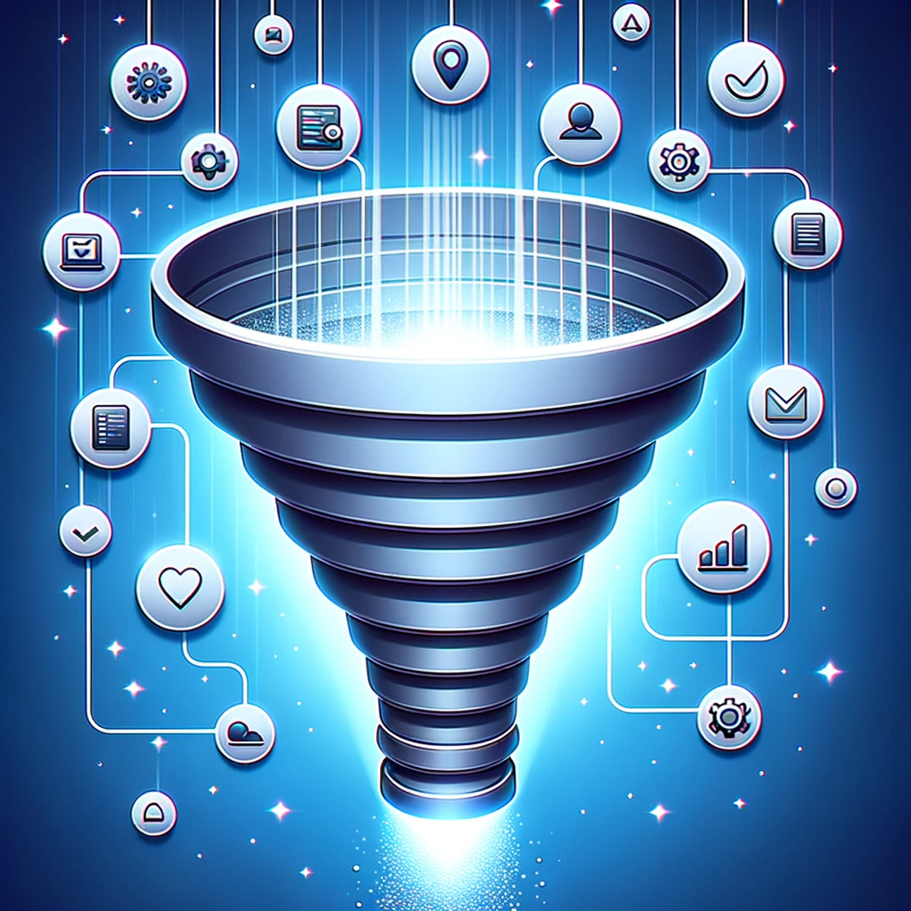 DALL·E 2023-10-18 11.11.15 - Illustration of a funnel showing data inputs at the top, representing various customer touchpoints like websites, apps, and CRM systems. As the funnel.png