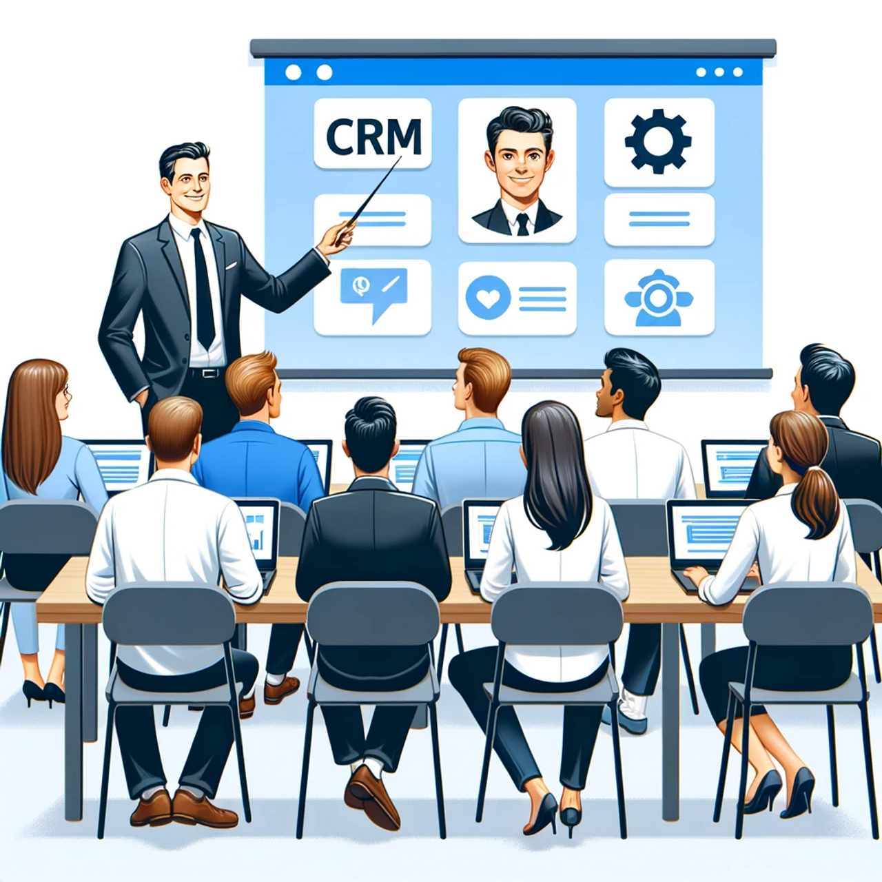 DALL·E 2023-10-30 08.19.32 - Illustration of a training setting with a male instructor pointing to a projection screen displaying CRM software tools. Attendees, including men and .png
