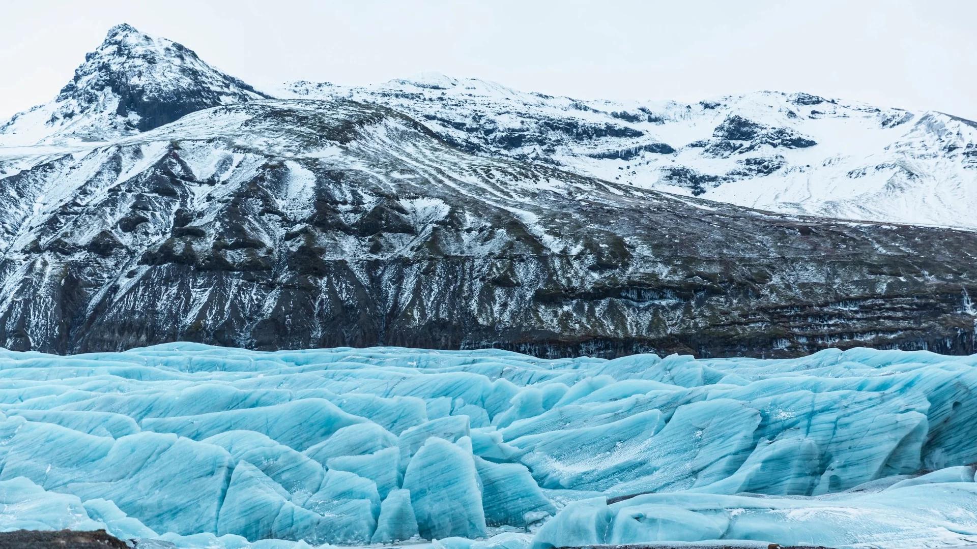Iceland's black sand shore with blue ice under a low winter sun