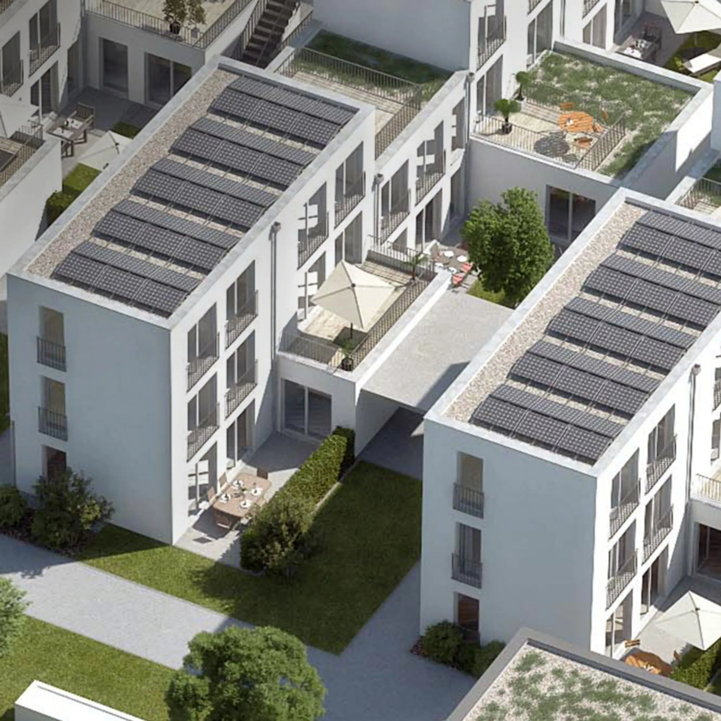 Computergeneriertes Bild von Häuserblock mit Photovoltaik auf Dach von oben