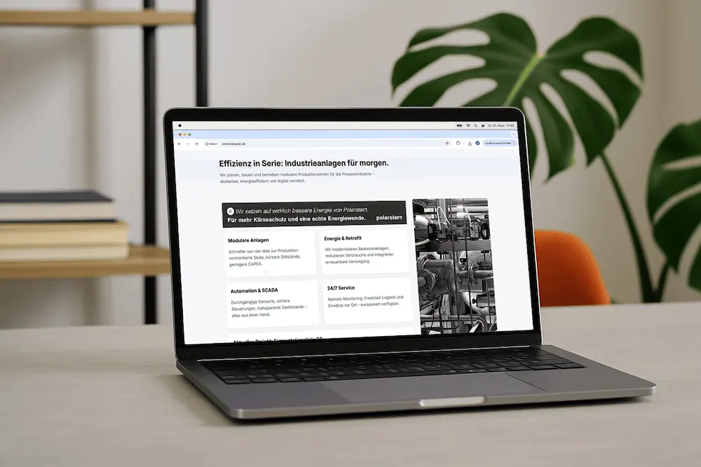 Ein Laptop ist geöffnet auf einer Seite, auf der ein Polarstern-Webbanner integriert ist