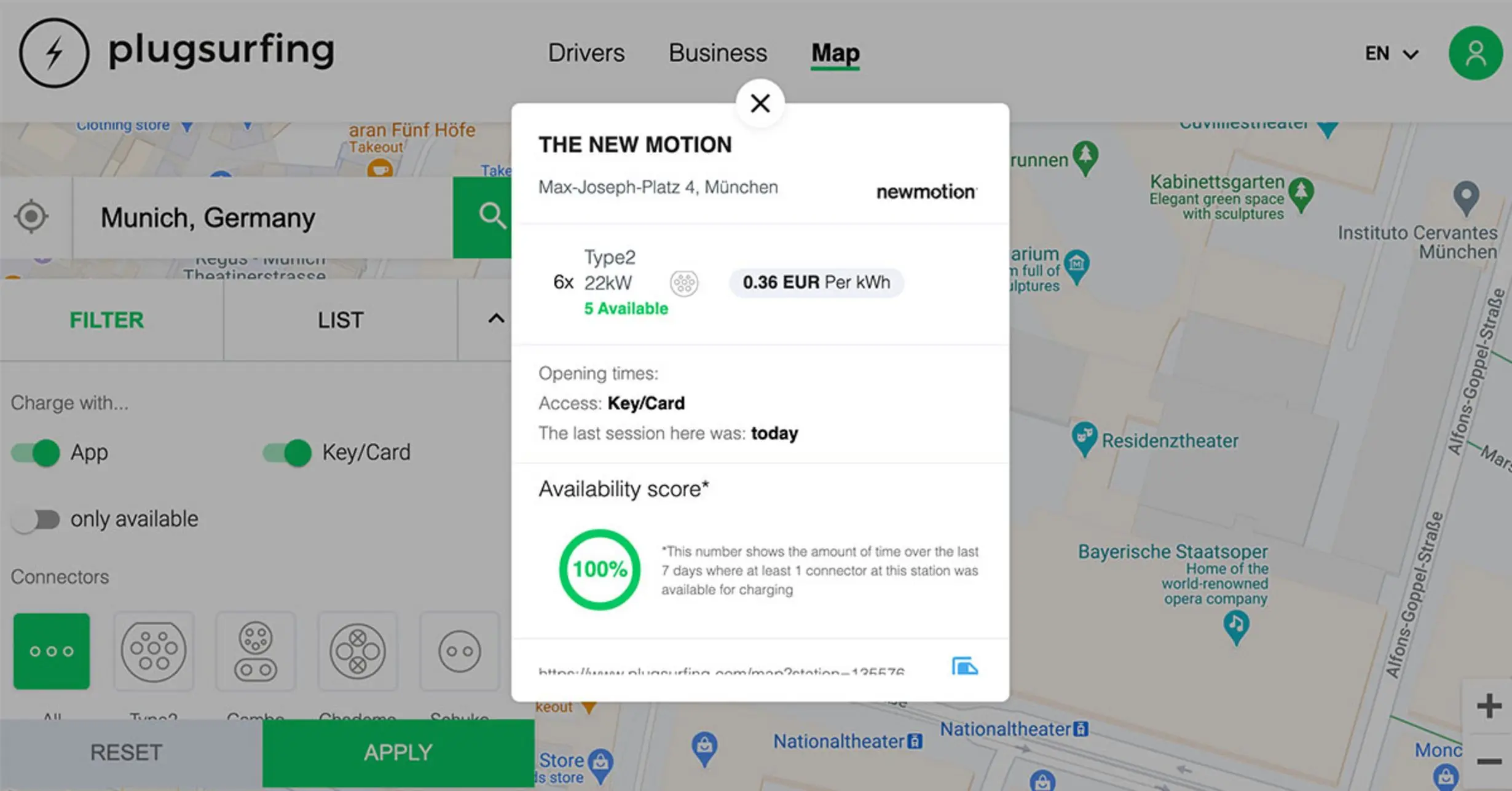 Quelle: plugsurfing Screenshot in der App Plugsurfing, der den Auslastungsstatus einer Ladesäule für Elektroautos zeigt.