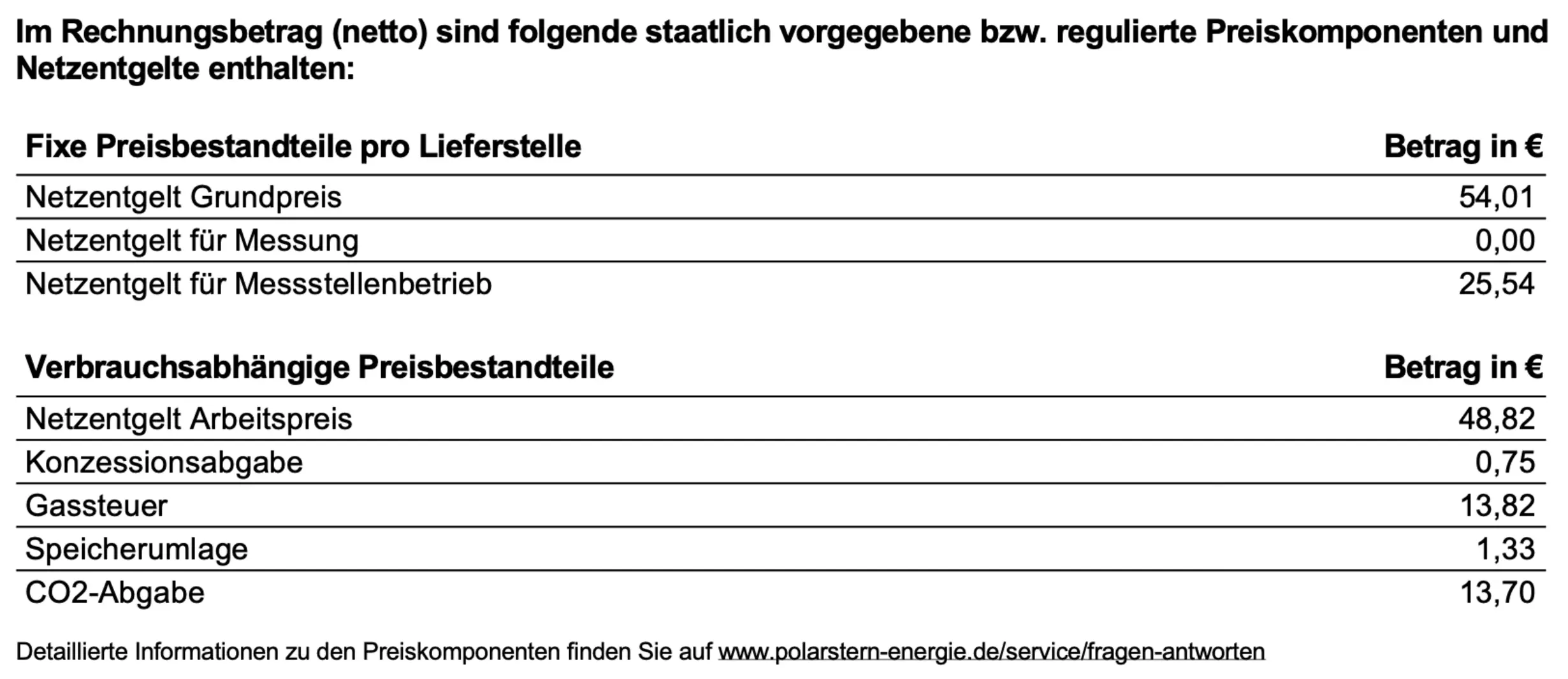 Gasrechnungsbeispiel: Preisbestandteile