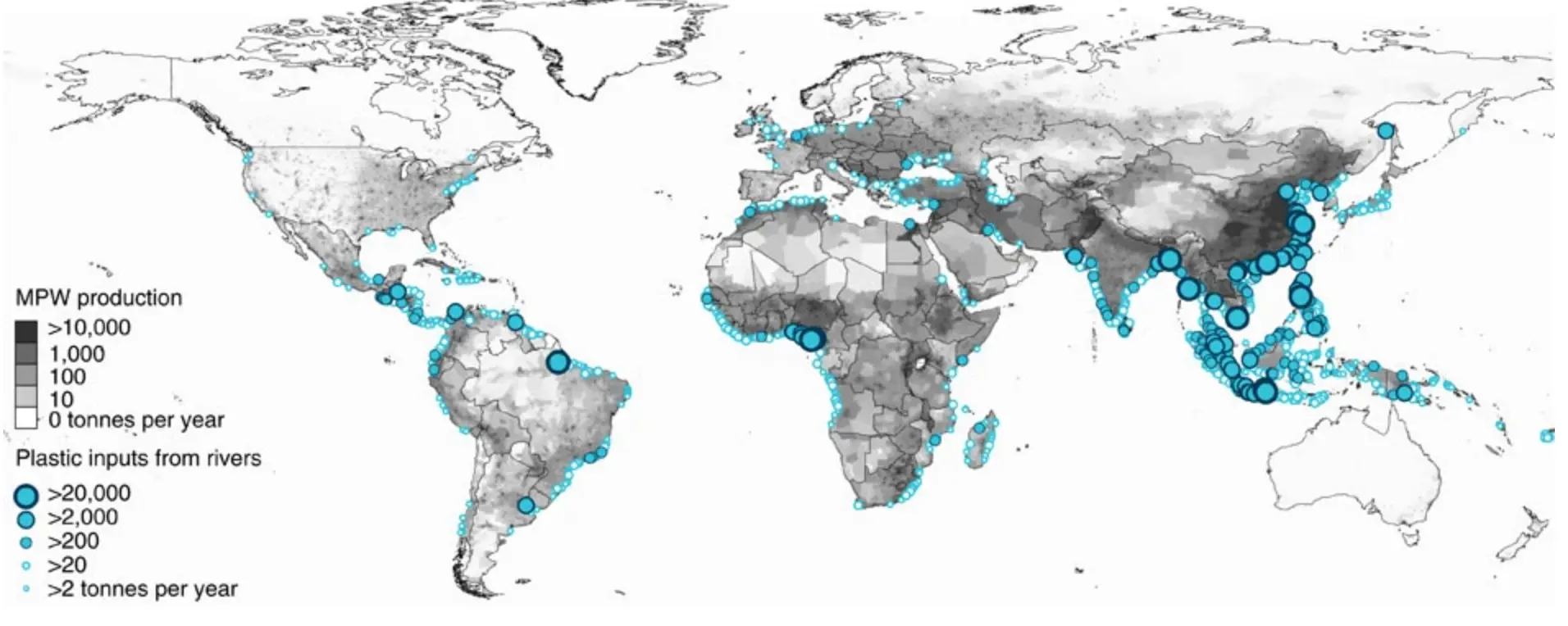 Quelle: Nature Communications Die Weltkarte zeigt die Verschmutzung der Meere mit Müll durch große Flüsse. Besonders in Südostasien, aber auch in Mittelamerika gelangt sehr viel Müll über Flüsse ins Meer.