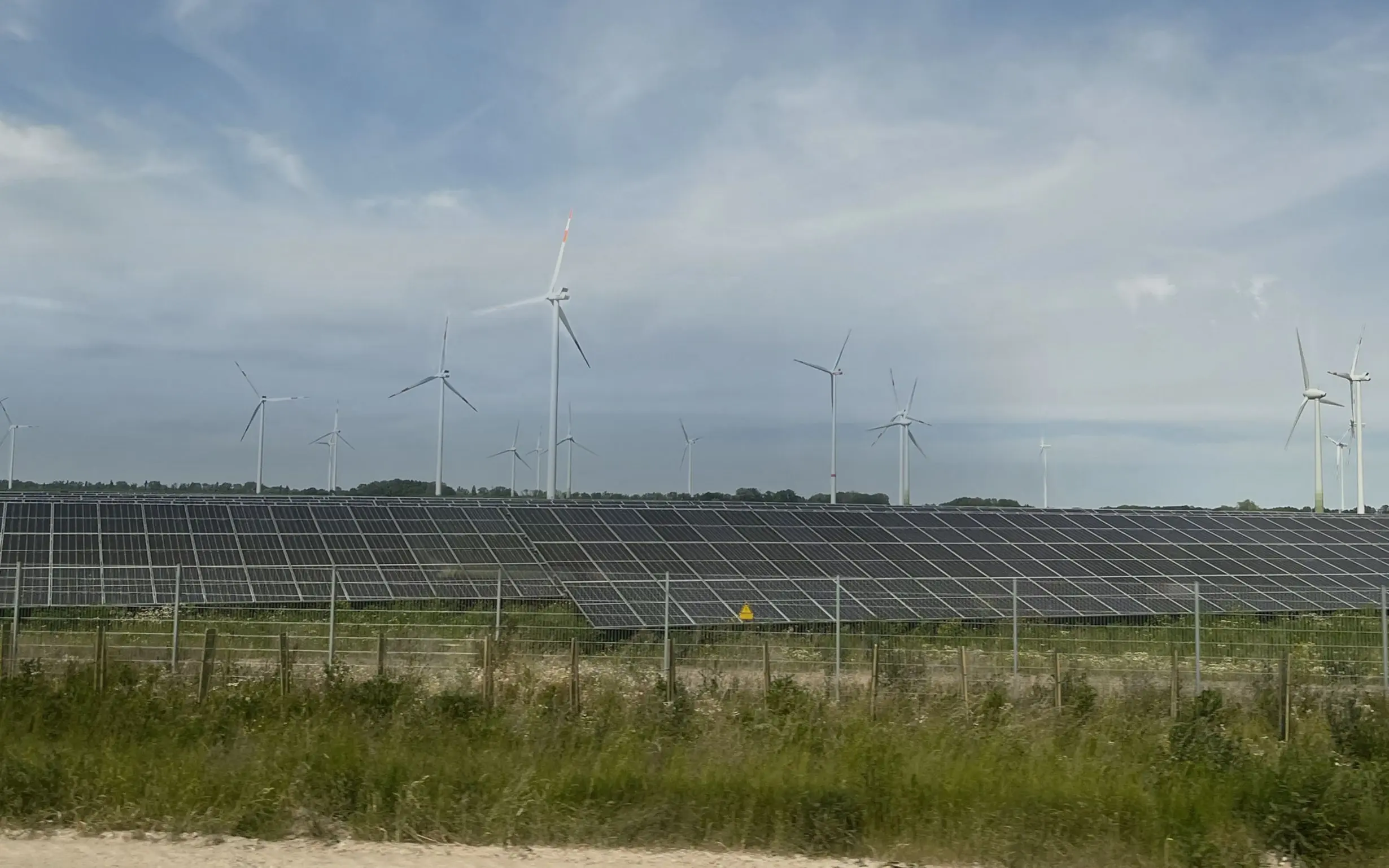 Eine Photovoltaik-Freiflächenanlage mit einem Dutzend Windräder im Hintergrund.