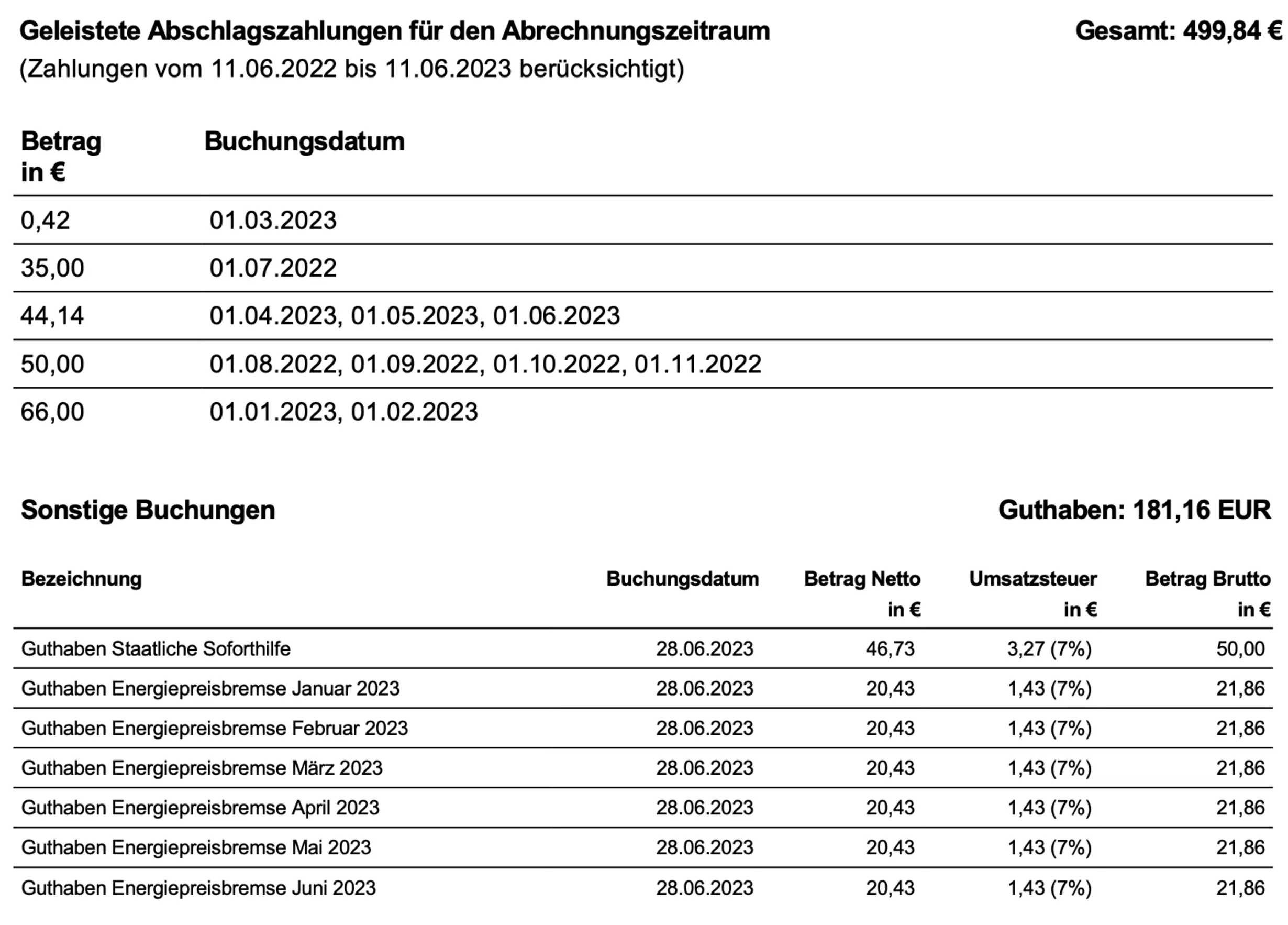 Gasrechnungsbeispiel: Buchungsuebersicht