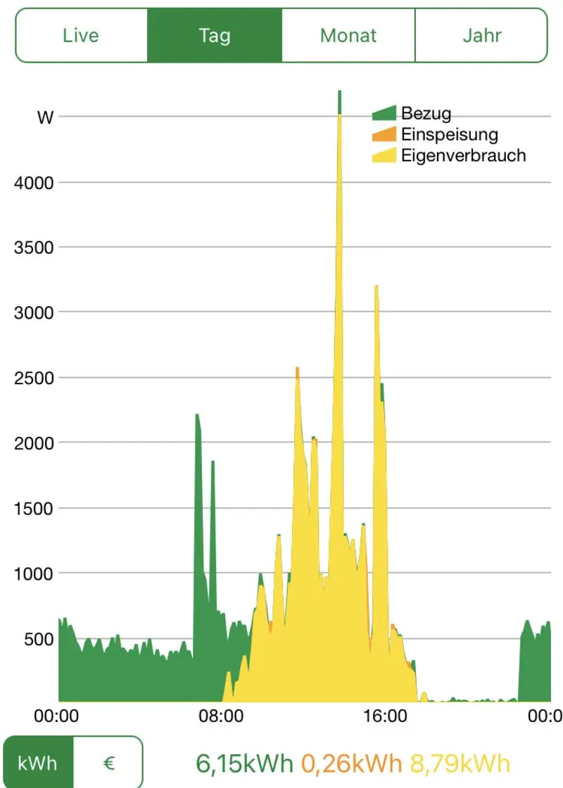 Grafik zeigt Visualisierung des Stromverbrauchs mit einem Smart Meter eines Haushalts mit einer PV-Anlage. Man sieht Netzbezug, Einspeisung in Watt über 24 Stunden. Der Eigenverbrauch ist tagsüber am höchsten.