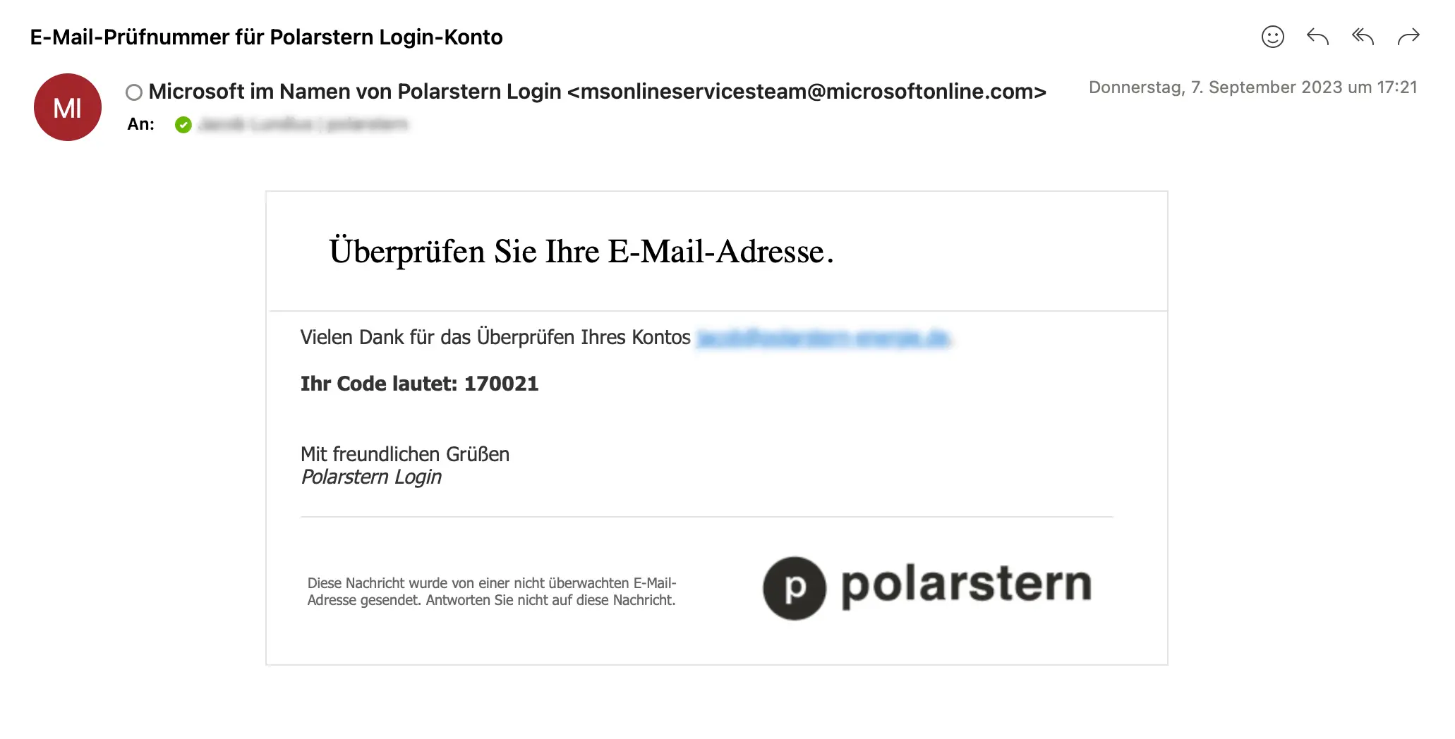 Beispiel-E-Mail für Prüfcode bei Neuanmeldung im Kundenbereich