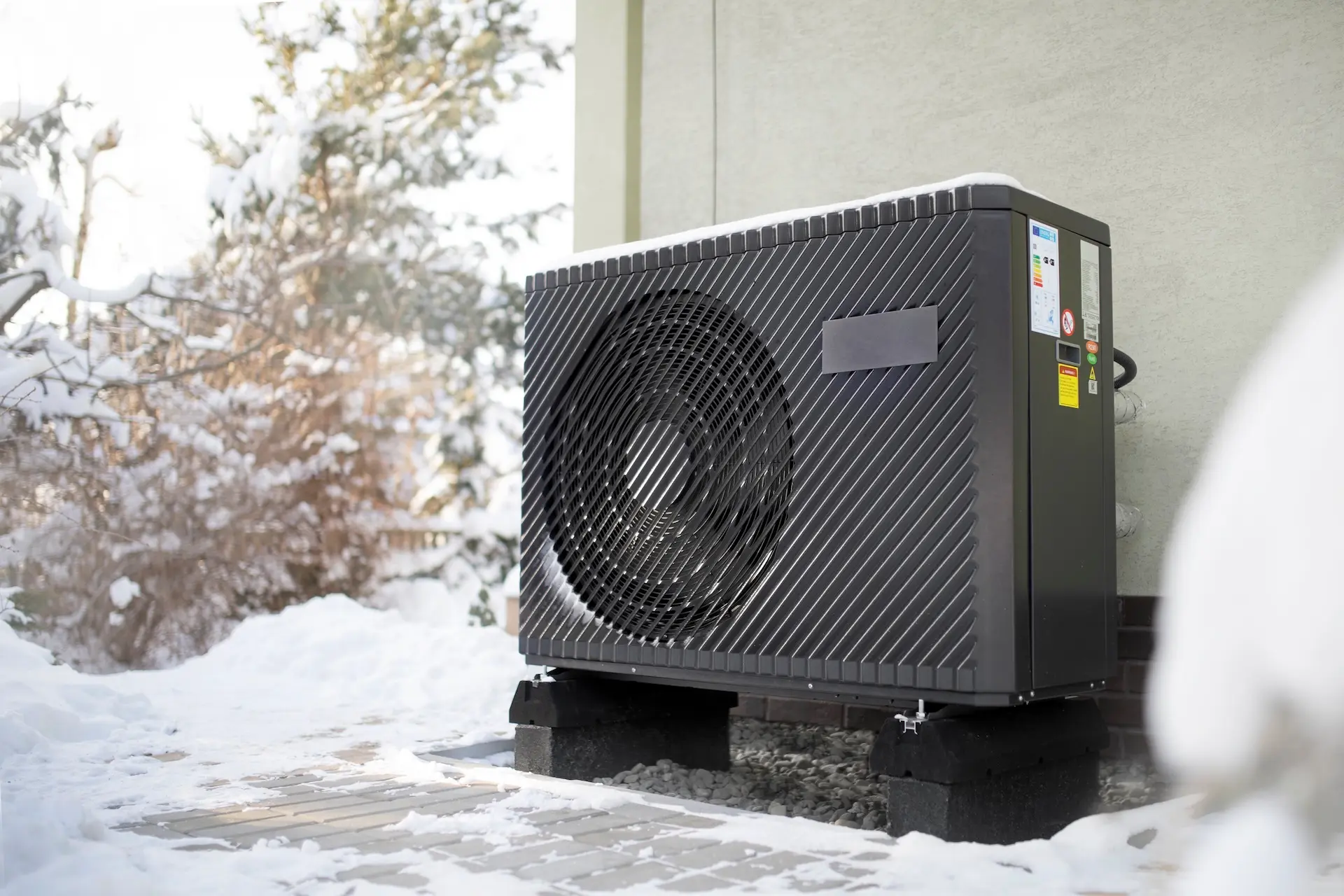 a black air conditioner is sitting in the snow outside of a building .