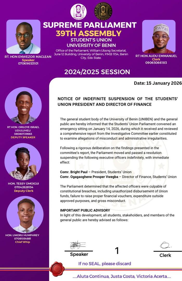 UNIBEN Students’ Union President and Director of Finance Suspended Indefinitely