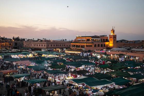 Aerial photo of the Djemaa el Fna market in Morocco