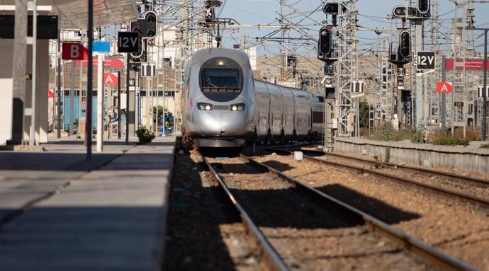 A hi-speed rail train arrives to the Casa Voyageurs train station in Casablanca, Morocco.