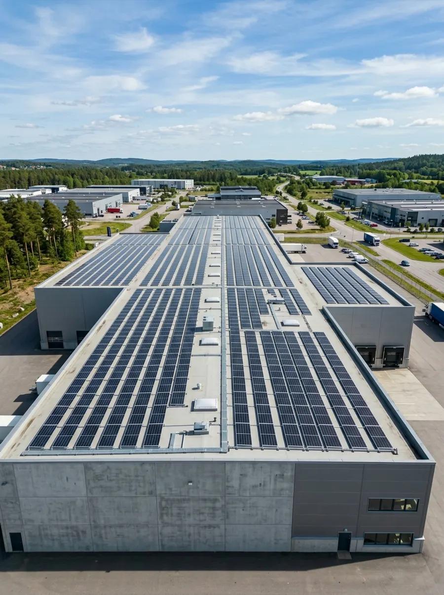 Solpaneler på ett platt tak till en industribyggnad