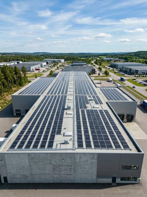 Solpaneler på ett platt tak till en industribyggnad