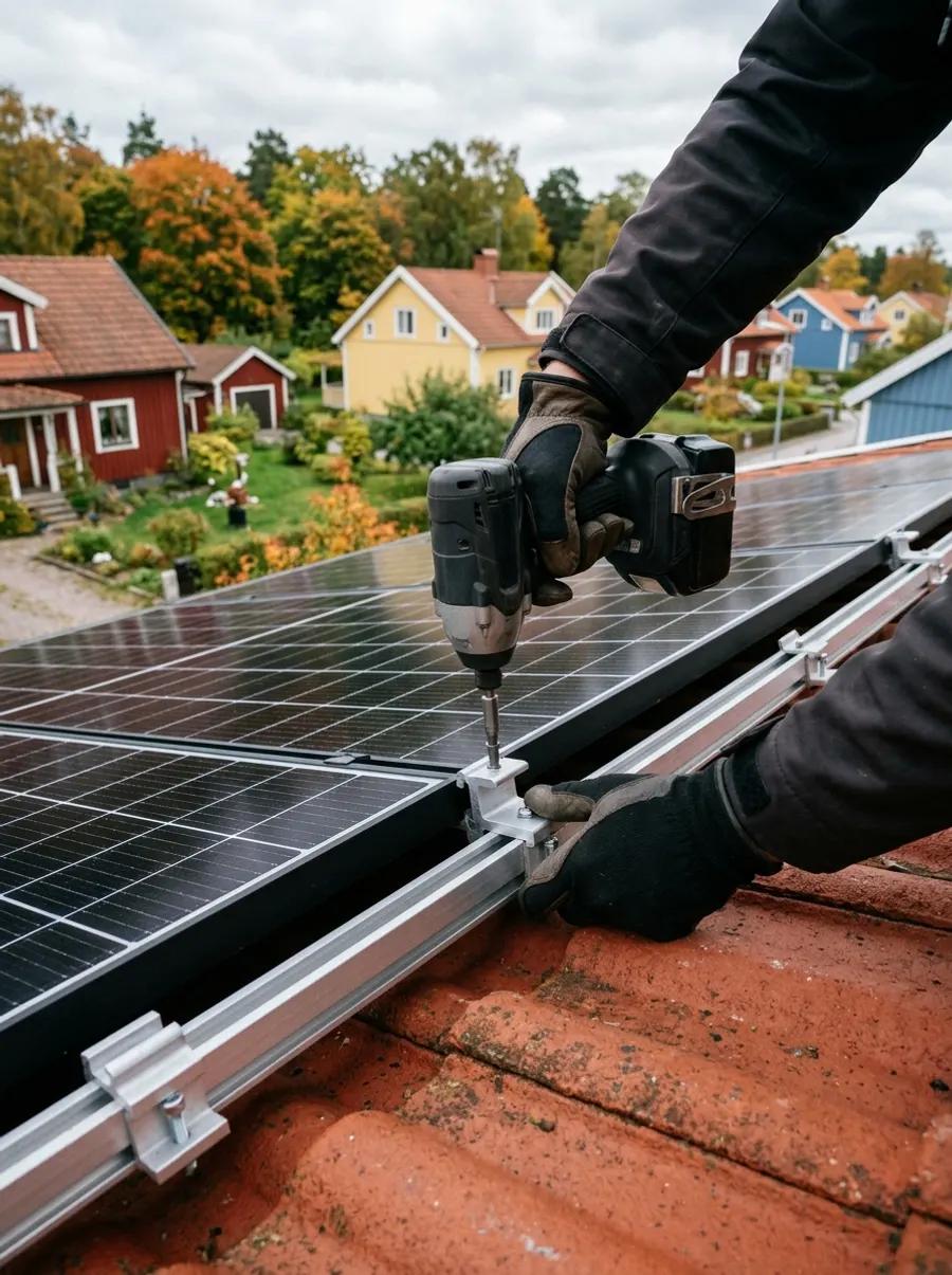 Montör fäster solpanel på ett tegeltak