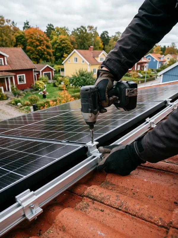 Montör fäster solpanel på ett tegeltak