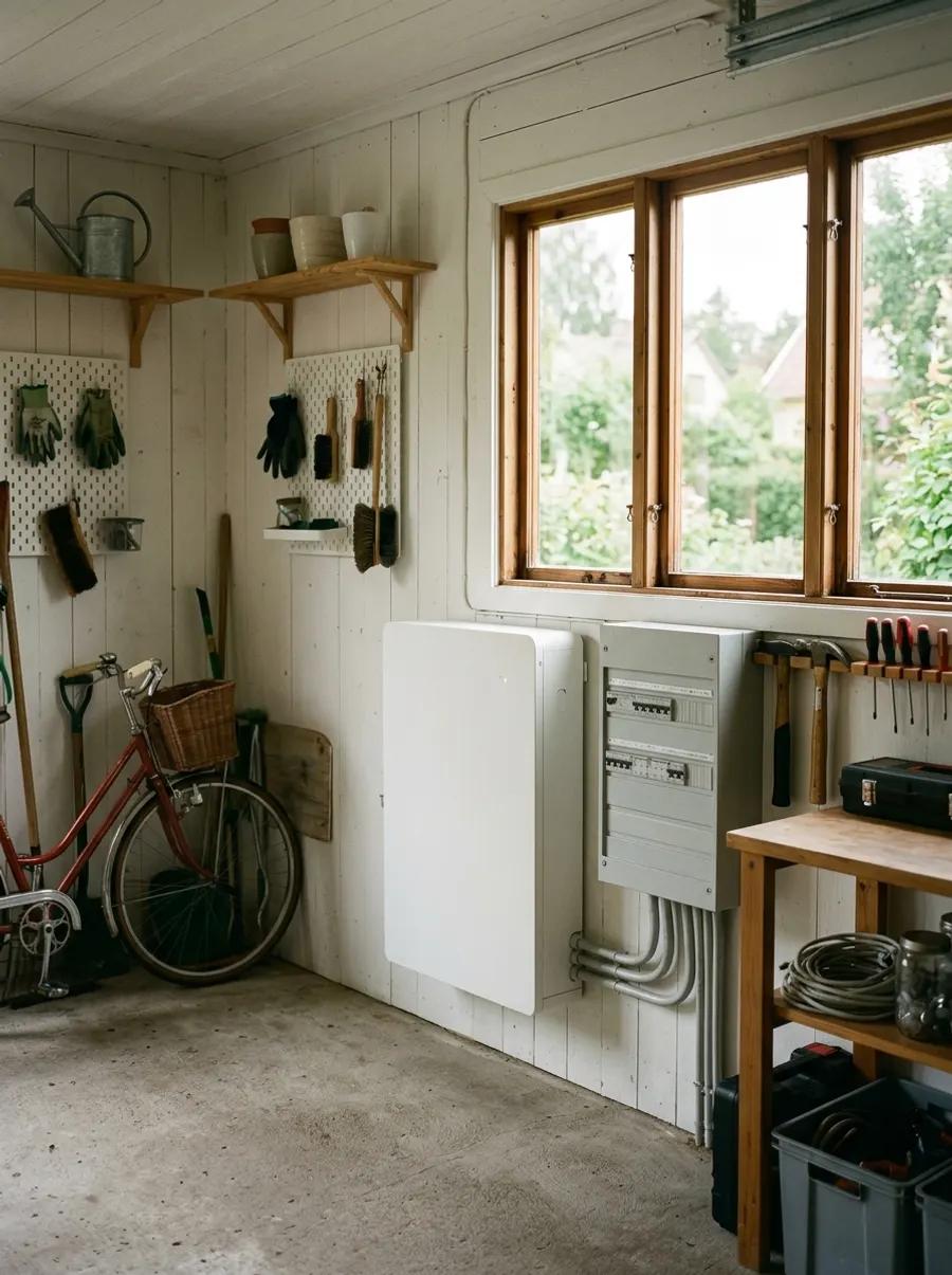 Väggmonterat hembatteri i ett garage
