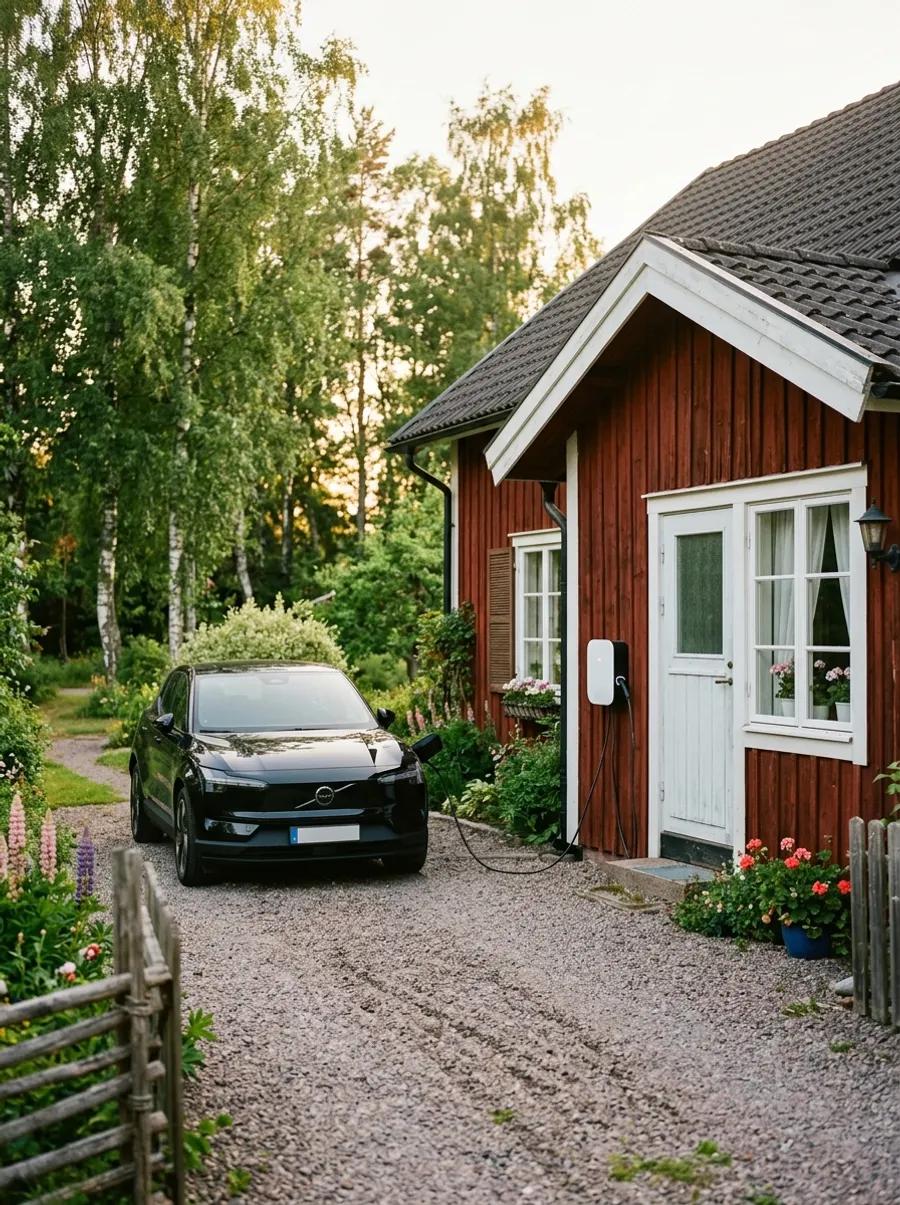 Laddbox på husvägg med elbil på uppfarten