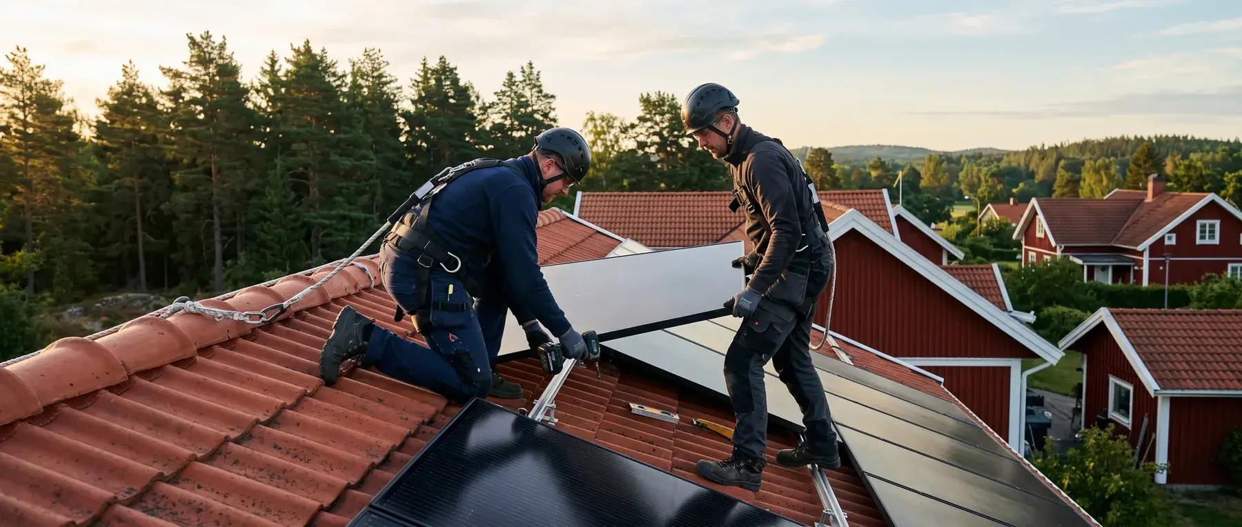 Två montörer i sele installerar solpaneler på ett villatak i morgonljus
