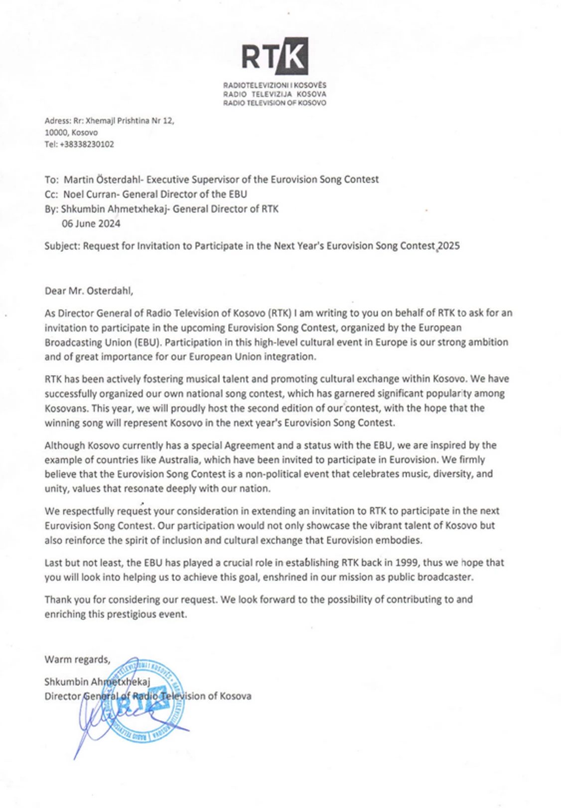 Documentary evidence: RTK's official request to EBU for Kosovo's debut in Eurovision Song Contest 2025.