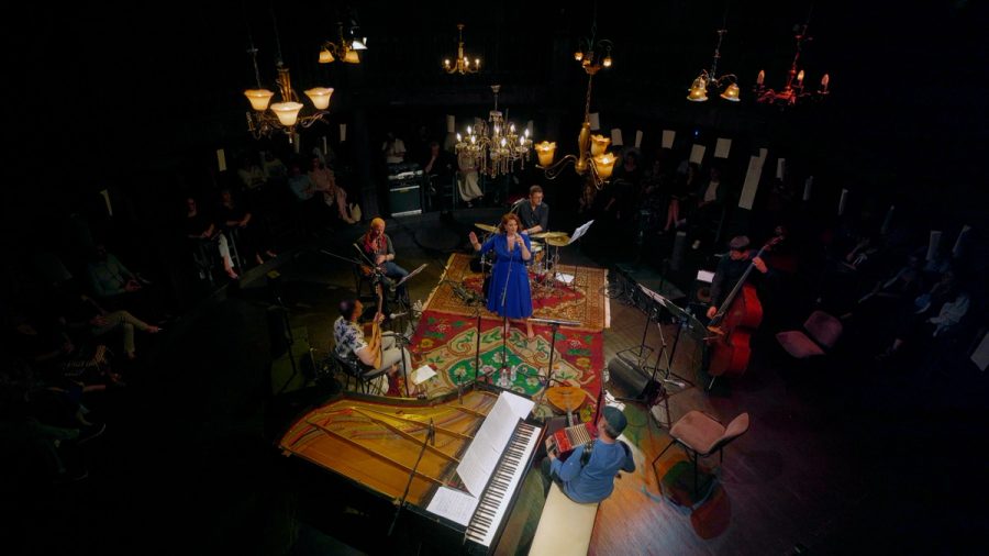 Overhead view of an intimate performance.
