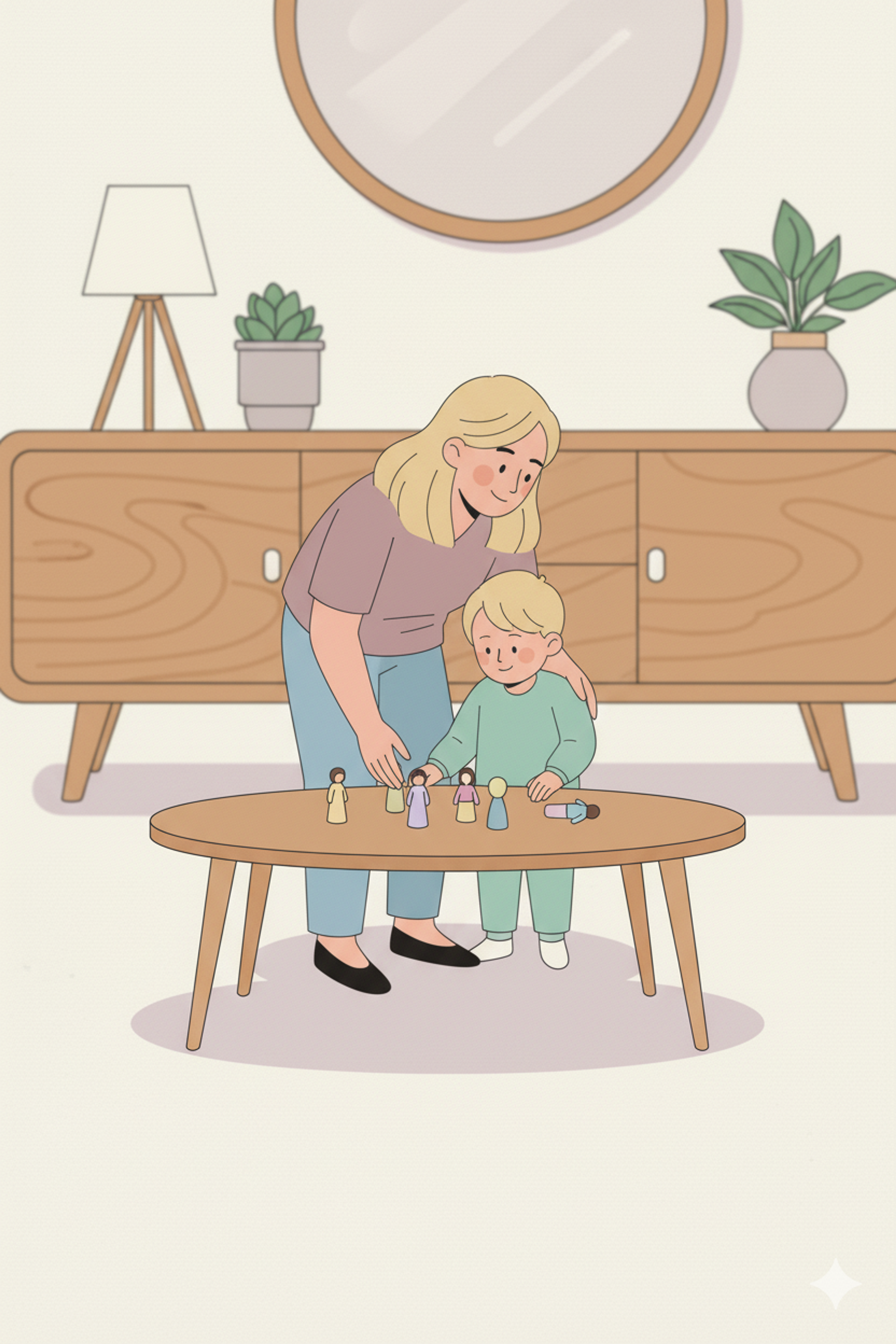 Coach helpt kind met plaatsen van poppetjes