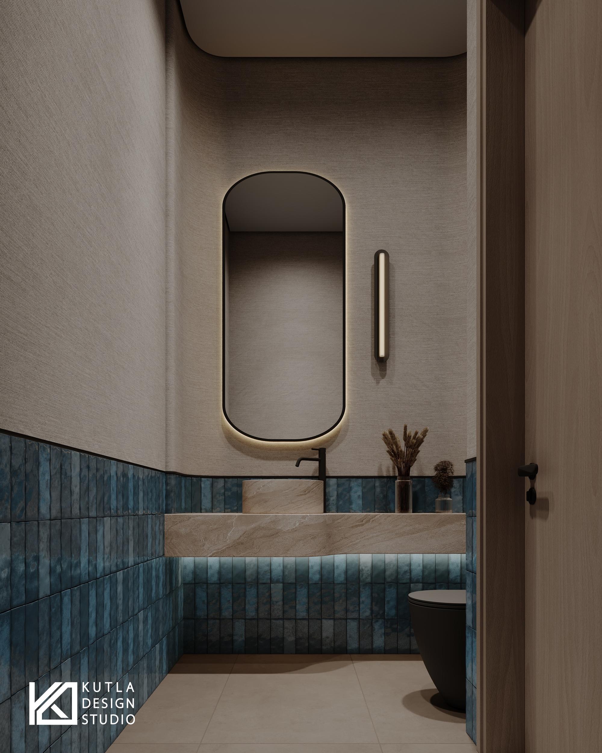 Blue tiled restroom