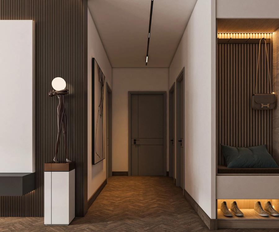 Pasillo residencial moderno con paredes de lamas de madera y vinilo arquitectónico instalado por aboutwrap studio.