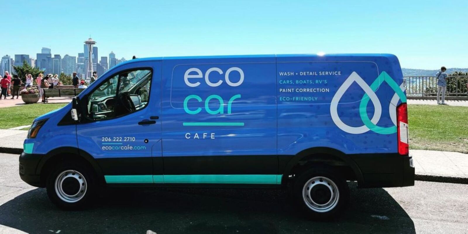 Eco Car Cafe van parked at a Seattle viewpoint in sunshine