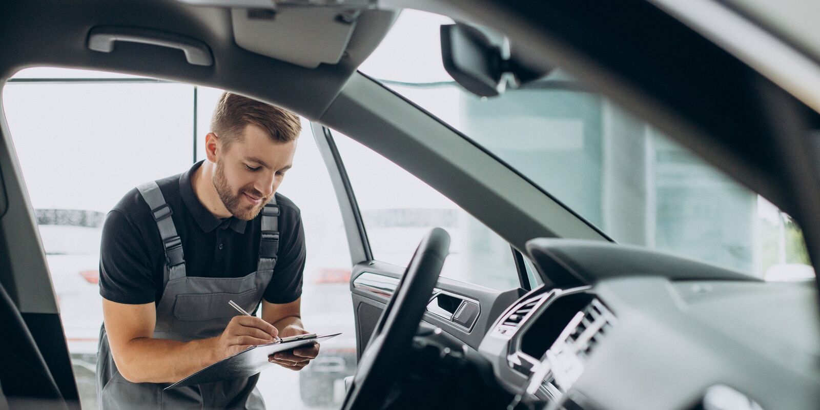 Technician with a clipboard inspecting a car interior through the window