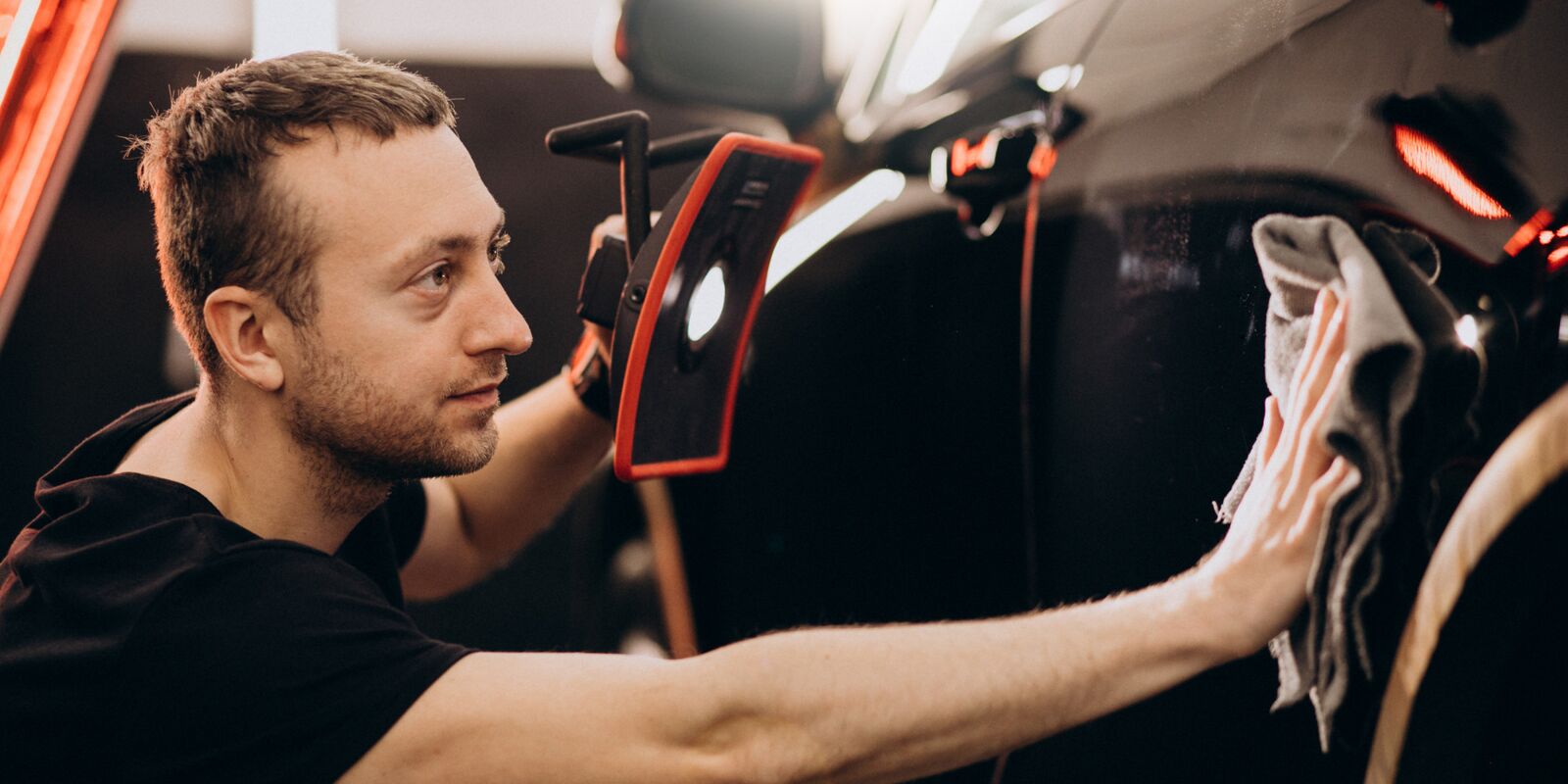 Man wiping a dark car door with a cloth
