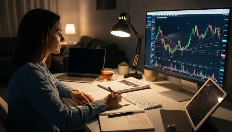 Ana, uma mãe autônoma estudando trade à noite