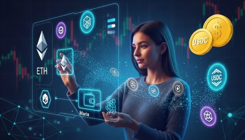 maria usando uma plataforma de empréstimos descentralizados (DeFi)