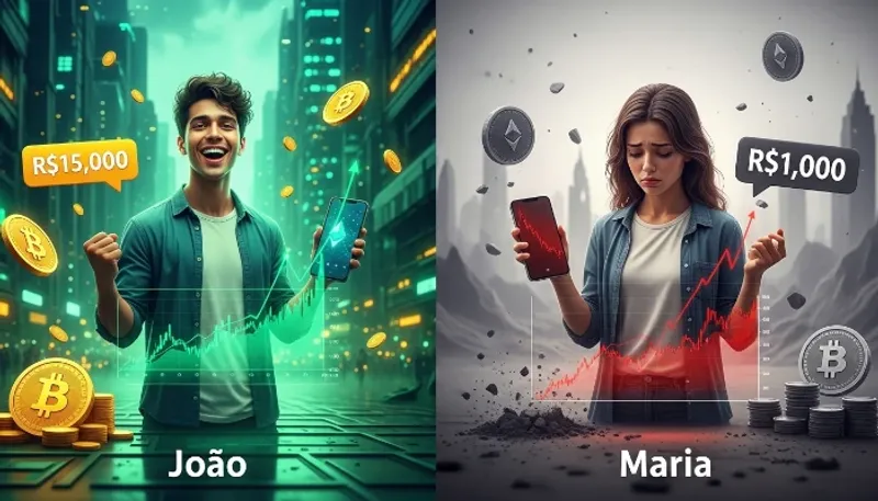 João ganhou 15k porque investiu bem, Maria não fez o trabalho de casa e perdeu 1k