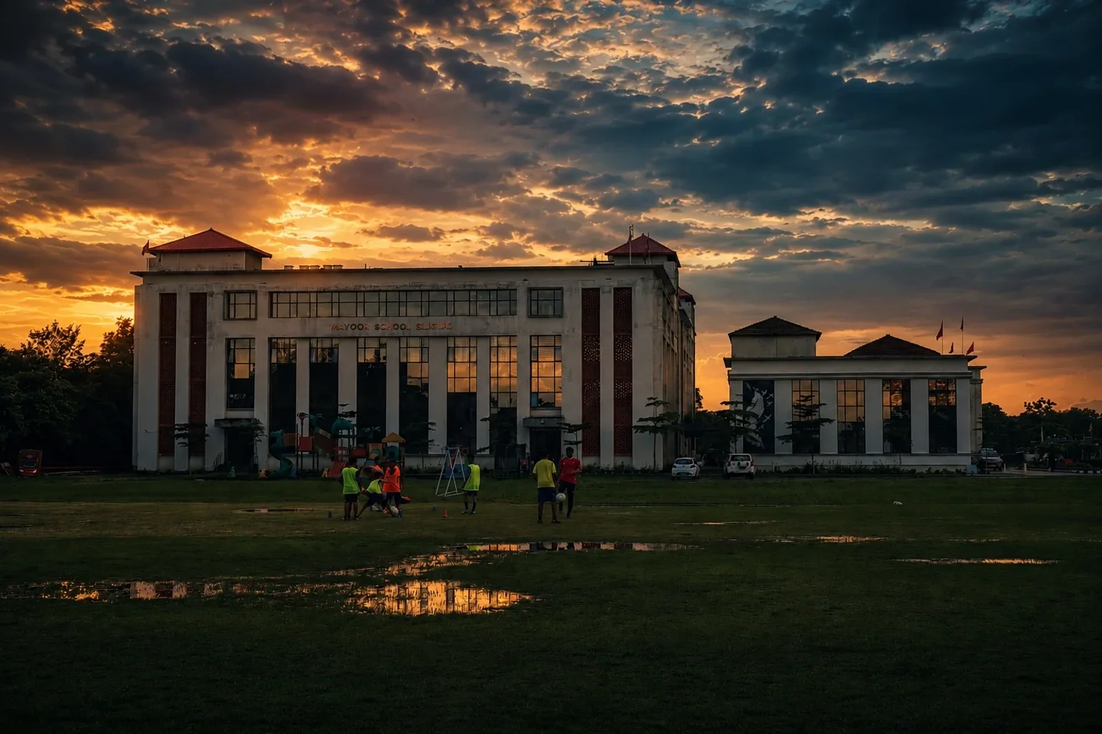 School building at dusk