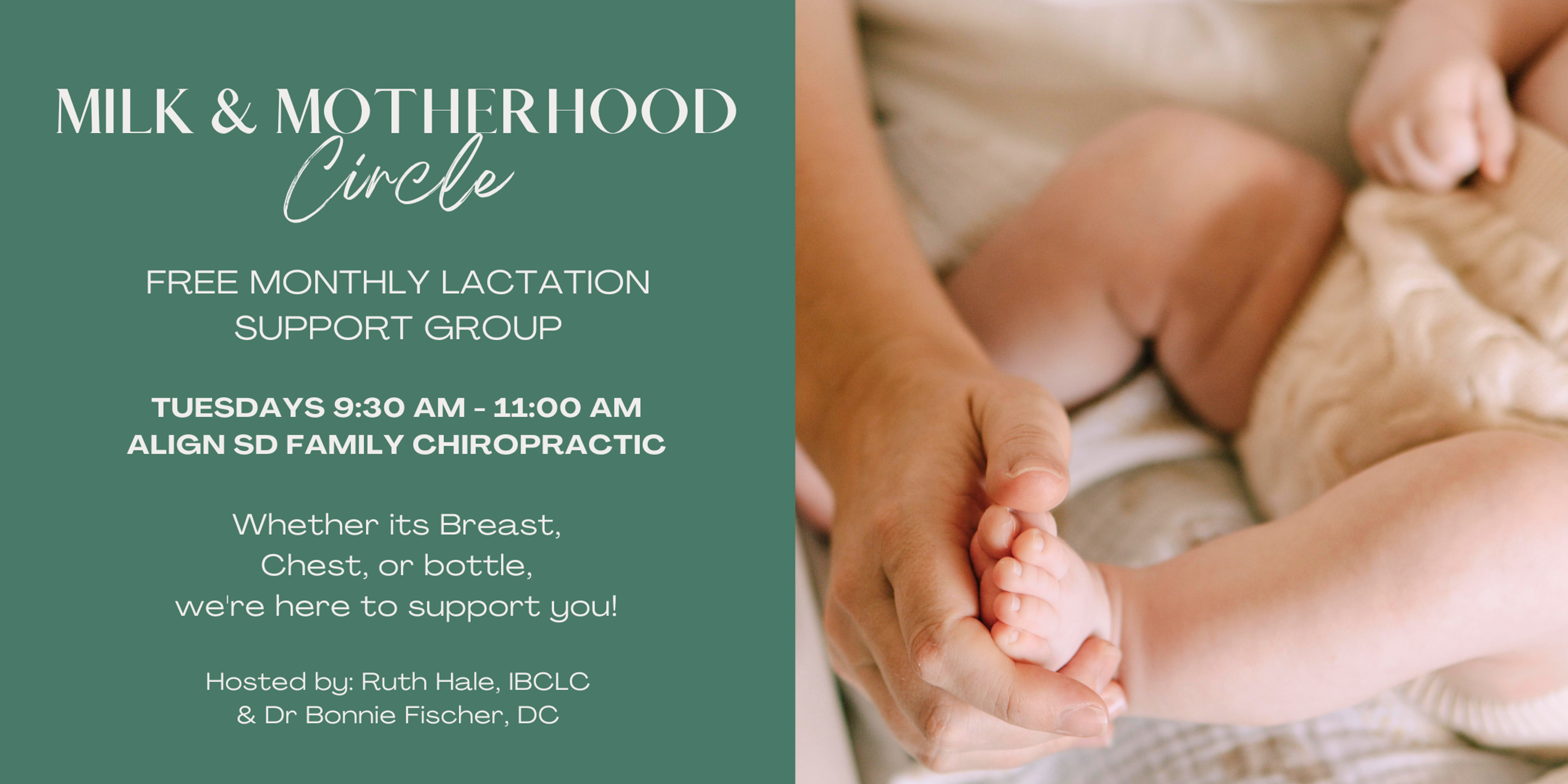 Milk & Motherhood Circle flyer promoting a free monthly lactation support group, featuring a soft, neutral design with a close-up of a parent holding a baby’s foot, and event details for February 17 and March 17, 2026 from 9:30–11:00 AM.