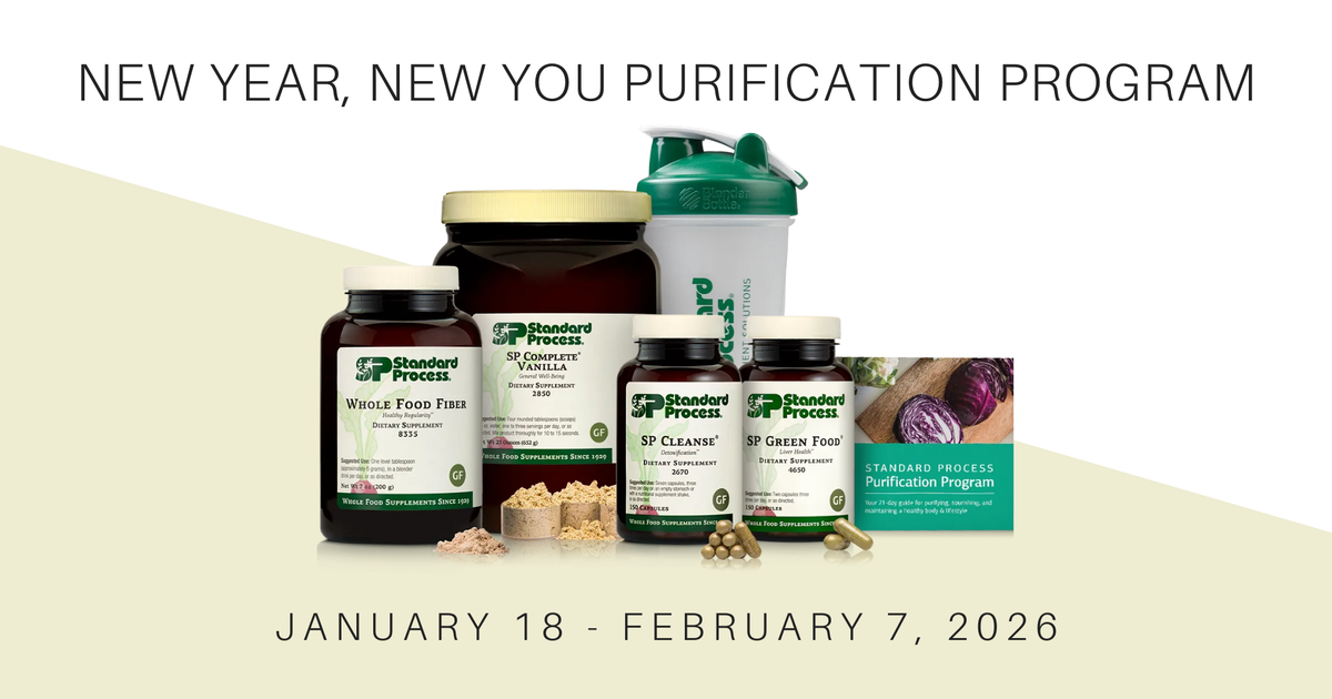 Promotional banner for AlignSD Wellness Center’s New Year, New You Purification Program. The image displays Standard Process supplements including SP Complete Vanilla, SP Cleanse, SP Green Food, and Whole Food Fiber, along with a Blender Bottle and purification guide booklet. Text on the banner reads: "New Year, New You Purification Program" and "January 18 – February 7, 2026."