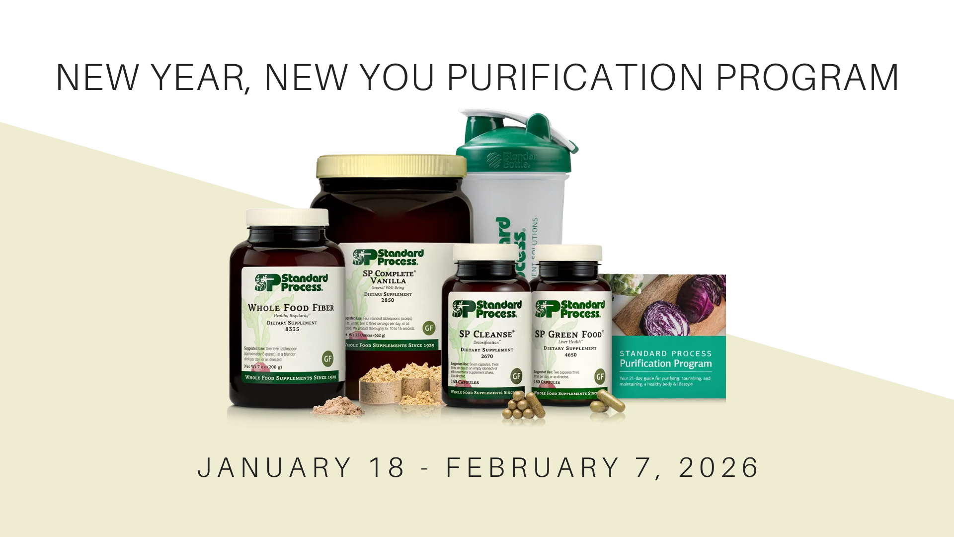 Promotional banner for AlignSD Wellness Center’s New Year, New You Purification Program. The image displays Standard Process supplements including SP Complete Vanilla, SP Cleanse, SP Green Food, and Whole Food Fiber, along with a Blender Bottle and purification guide booklet. Text on the banner reads: "New Year, New You Purification Program" and "January 18 – February 7, 2026."