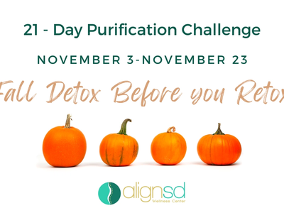 AlignSD Wellness Center 21-Day Fall Detox Before You Retox program graphic with four small pumpkins and event dates November 3–23